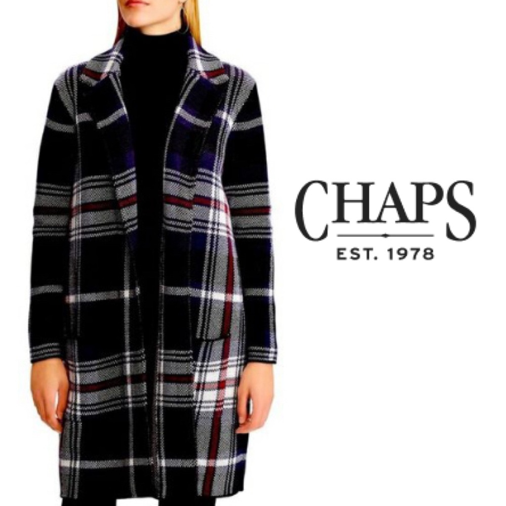 Chaps 100% Open Plaid Coat Sweater Cardigan